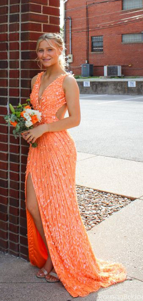 Elegant Orange V-Neck Mermaid Side Slit Long Prom Dress Ideas, Evening Party Dresses, OLP1447