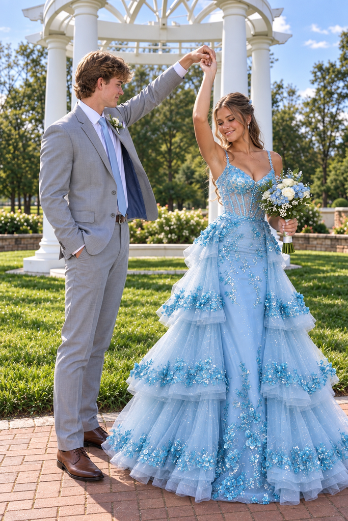 Fancy Blue Sweetheart Tiered A Line Long Prom Dress Tulle Floral Classy,OLP2433