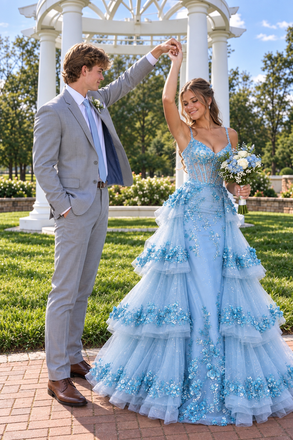 Fancy Blue Sweetheart Tiered A Line Long Prom Dress Tulle Floral Classy,OLP2433