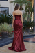 Fancy Wine Red Satin Column Prom Dress with Floral Applique Strapless Neckline,OLP1774