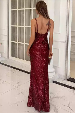 Sexy V-Neck Sparkly Burgundy Sequin Side Slit Evening Dresses,Long Prom Dresses,OLP1713