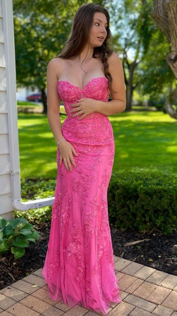Stunning Hot Pink Lace Prom Dress Mermaid Strapless Embroidered Gown,OLP1789