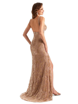 Unique Gold V-Neck Mermaid Side Slit Long Prom Dress Ideas, Evening Party Dresses, OLP1348