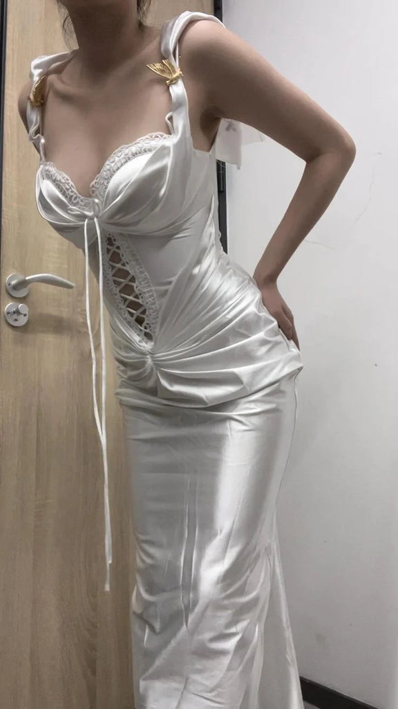 Elegant White Spaghetti Strap Mermaid Long Prom Dress Ideas, Evening Party Dresses, OLP1424