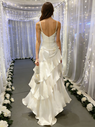 Unique Ivory Tiered Ruffle Prom Dress Spaghetti Straps Luxury Satin,OLP1936