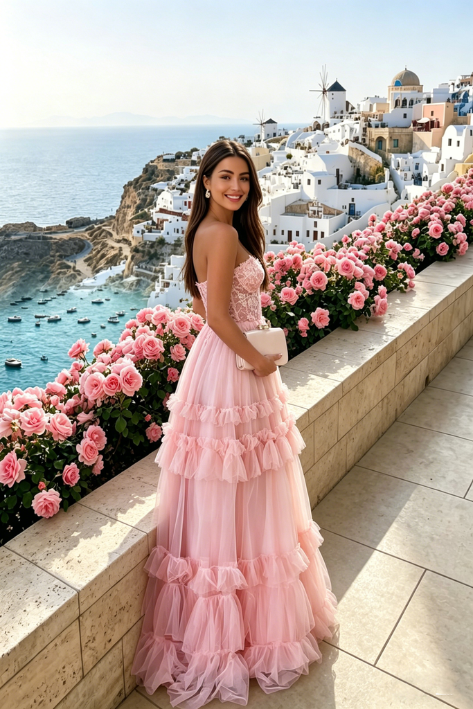 Classy Pink Sweetheart Ruffled Tulle A-Line Prom Dress with Lace Appliques,OLP2210