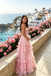 Classy Pink Sweetheart Ruffled Tulle A-Line Prom Dress with Lace Appliques,OLP2210