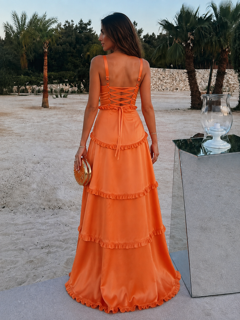 Sexy Vibrant Orange Satin Ruffled Slit Prom Dress with Sweetheart Straps,OLP2373