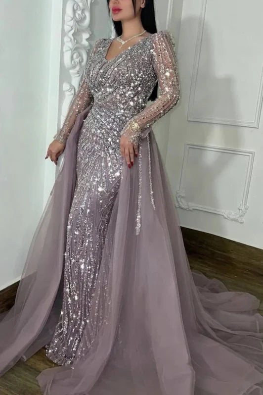 Unique Purple V-Neck Long Sleeve Mermaid Long Prom Dress Ideas, Evening Party Dresses, OLP1549