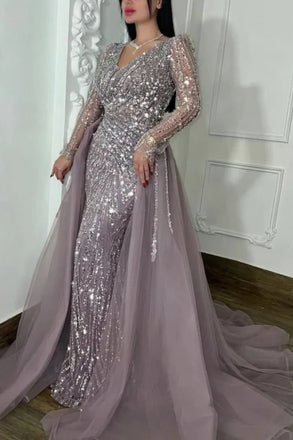 Unique Purple V-Neck Long Sleeve Mermaid Long Prom Dress Ideas, Evening Party Dresses, OLP1549