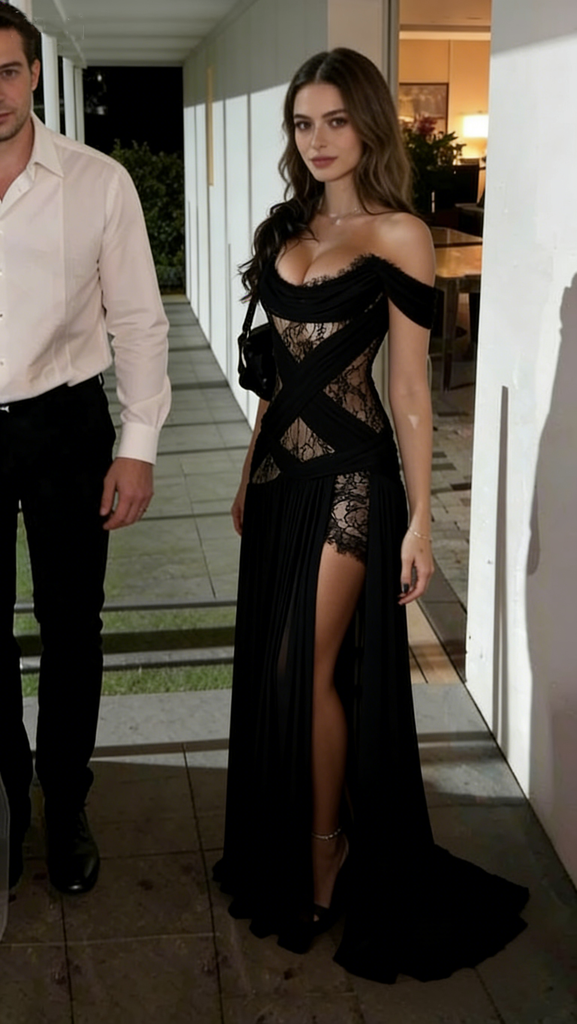 Sexy Black Lace Prom Gown Off-Shoulder Cross Bandage High Slit Evening Dress,OLP2091