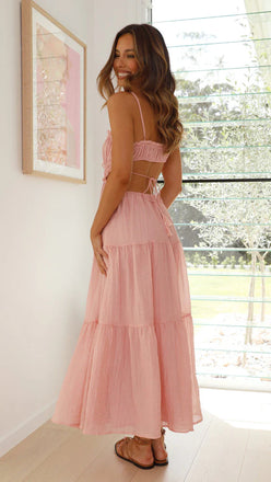 Elegant Pink Chiffon A-Line Maxi Dress with Ruffled Tiered Skirt Prom Dress,OLP1755