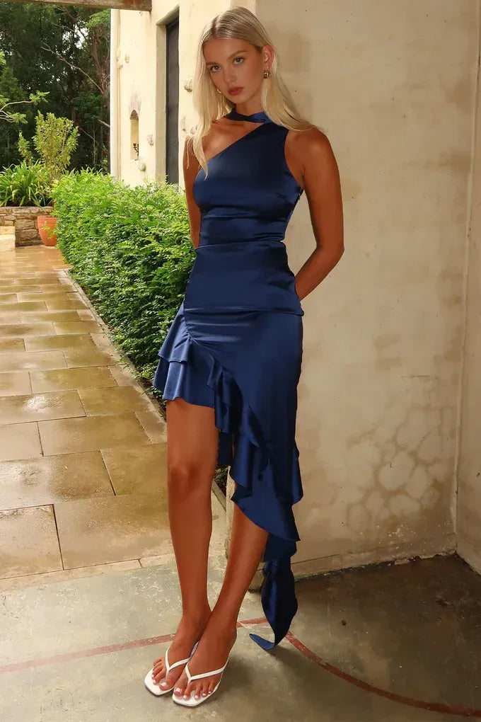 Unique Navy Blue One Shoulder Satin Prom Dress ,Evening Party Dresses,OLP1718