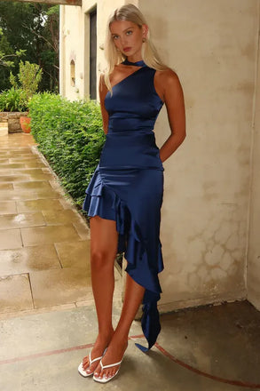 Unique Navy Blue One Shoulder Satin Prom Dress ,Evening Party Dresses,OLP1718