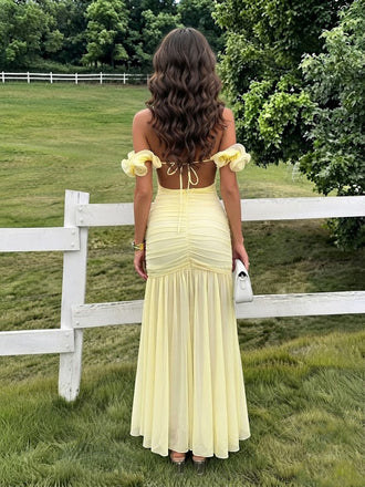 Modern Yellow Ruffled Off-Shoulder Party Dress Sheath Long Prom Dress,OLP2358