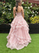 Beautiful Blush Pink Lace Prom Dress V-Neck Spaghetti Straps Ruffled Tulle Ball Gown, OLP1700