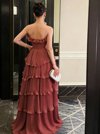 Unique Strapess Pleated Ruffles Dusty Rose Tiered Long Prom Dress,OLP2135