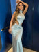 Modern Light Blue Halter Prom Gown Cutout Waist Satin Evening Dress,OLP1804