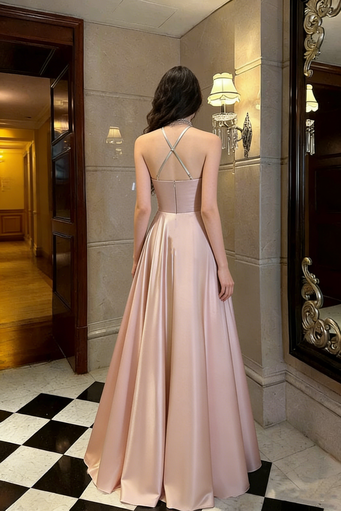 Fancy Pink Satin Prom Dress Halter Cut-out Floral Detail A-Line Gown,OLP1951