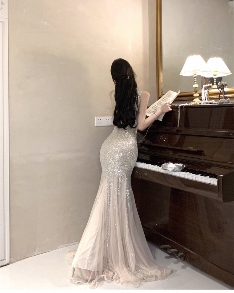 Shiny Champagne Spaghetti Strap Mermaid  Long Prom Dress Ideas, Evening Party Dresses, OLP1437