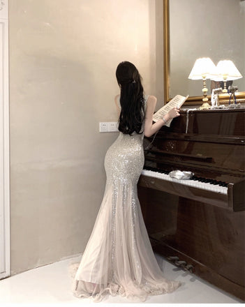 Shiny Champagne Spaghetti Strap Mermaid  Long Prom Dress Ideas, Evening Party Dresses, OLP1437