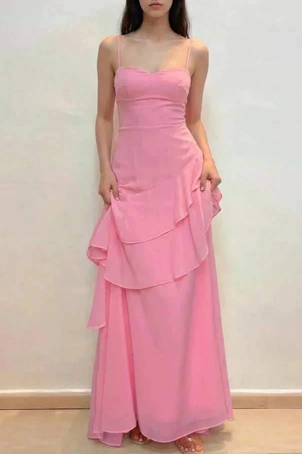 Pretty Hot Pink Ruffle Prom Dress Sleeveless Tiered Chiffon Floor Length Gown,OLP1768