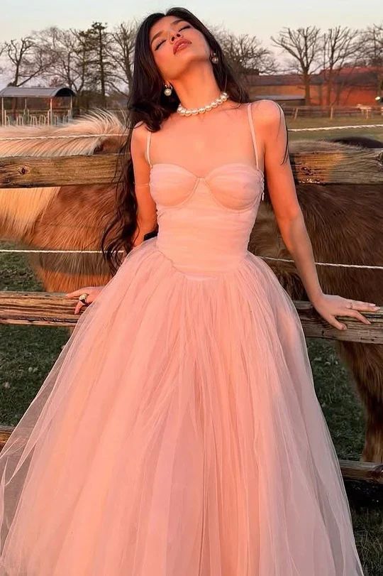 Dreamy Blush Pink Tulle Prom Gown Corset Top Sleeveless A-Line Ball Dress,OLP1838