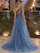 Classy Slate Blue One Shoulder High Slit Tulle Over-Skirt Prom Dress,OLP2498