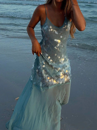 Sparkly Blue Spaghetti Strap Mermaid Long Prom Dress Ideas, Evening Party Dresses, OLP1586
