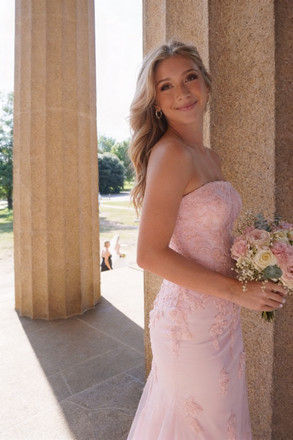 Elegant Pink Strapless Lace Applique Prom Gown Slim Fit Tulle Evening Dress,OLP1849