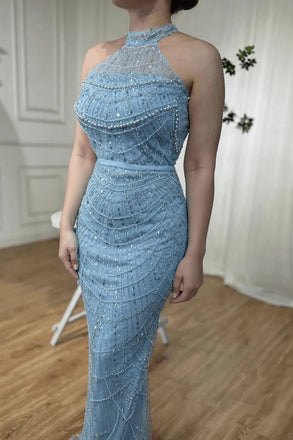 Sparkly Blue High Neck Mermaid Long Prom Dress Ideas, Evening Party Dresses, OLP1530