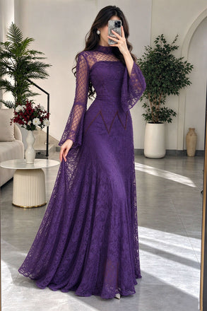 Unique Purple Mock Neck Bell-Sleeve Lace Beaded Prom Dress,OLP2437
