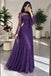 Unique Purple Mock Neck Bell-Sleeve Lace Beaded Prom Dress,OLP2437