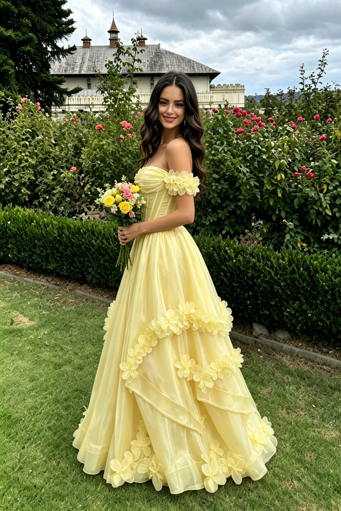 Pretty Yellow Off the Shoulder Prom Dress with 3D Floral Applique Edging,OLP2233