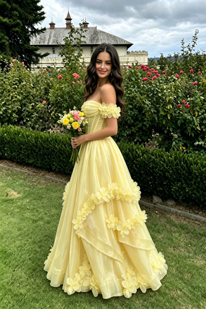 Pretty Yellow Off the Shoulder Prom Dress with 3D Floral Applique Edging,OLP2233