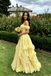 Pretty Yellow Off the Shoulder Prom Dress with 3D Floral Applique Edging,OLP2233