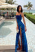 Modern Cobalt Blue Marble Print Prom Gown Thigh-High Slit,OLP2099