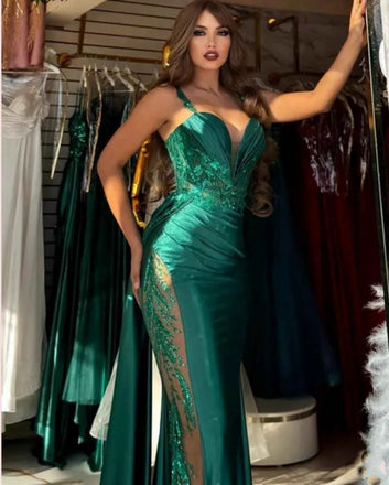 Elegant Green Spaghetti Strap Mermaid Side Slit Long Prom Dress Ideas, Evening Party Dresses , OLP1229