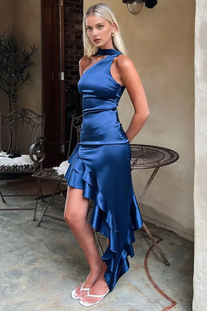 Unique Navy Blue One Shoulder Satin Prom Dress ,Evening Party Dresses,OLP1718