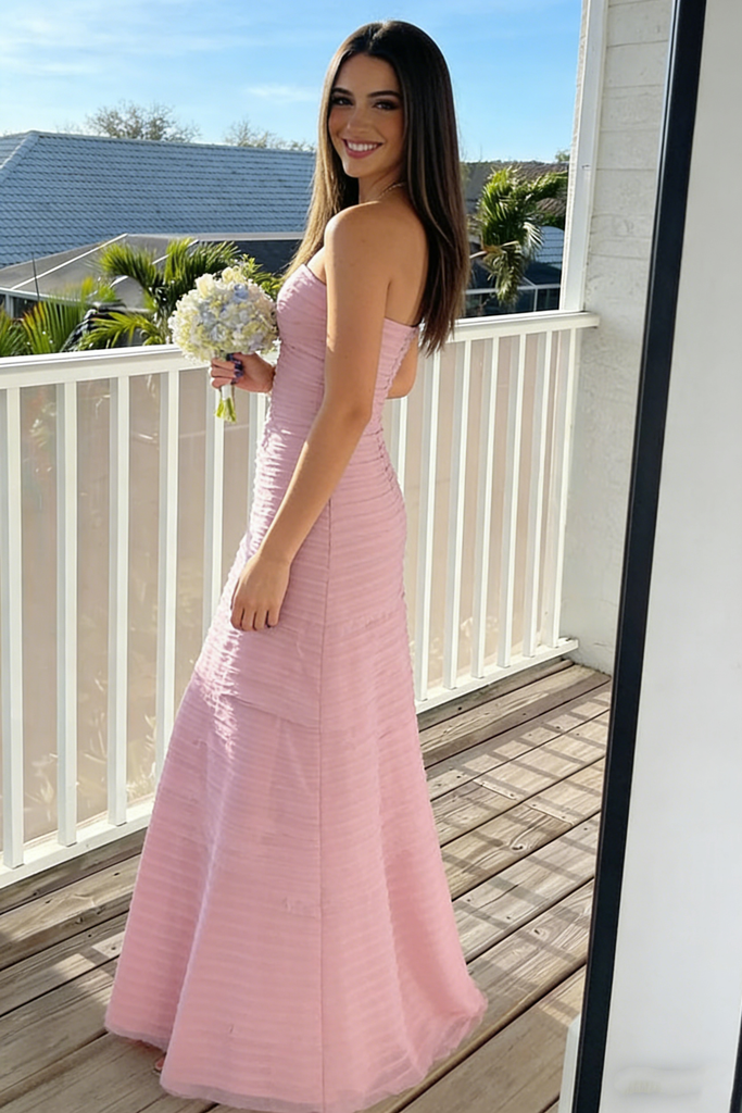 Beautiful Strapless Pink Pleated Chiffon Prom Gown Flattering A-Line Shape,OLP2143