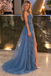 Classy Slate Blue One Shoulder High Slit Tulle Over-Skirt Prom Dress,OLP2498
