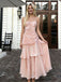 Blush Pink Spaghetti Strap Prom Dress Ruched Satin Tiered Skirt Midi Length,OLP2169