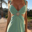 Chic Mint Green V-neck Cut-Out Waist Evening Gown with Beaded Brooch,OLP1886