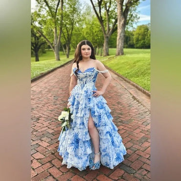 Elegant Blue Off-Shoulder A-Line Long Prom Dress Ideas, Evening Party Dresses , OLP1235