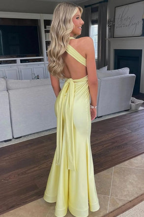 Pretty Pale Yellow V-Neck Prom Gown Sexy Crisscross Waistband Satin Mermaid Fit,OLP1762