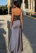 Modern Grey Satin Prom Dress Black Lace Waist Cutout Slip Style Formal Gown,OLP2018