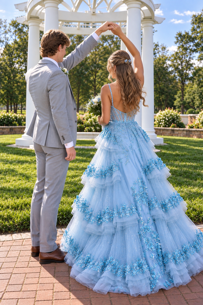 Fancy Blue Sweetheart Tiered A Line Long Prom Dress Tulle Floral Classy,OLP2433