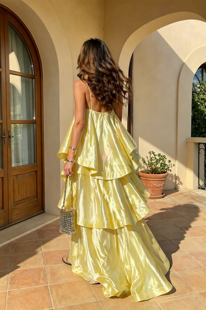 Pretty Yellow Tiered Ruffle Prom Dress Slip Backless Satin Gown,OLP2224