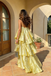Pretty Yellow Tiered Ruffle Prom Dress Slip Backless Satin Gown,OLP2224