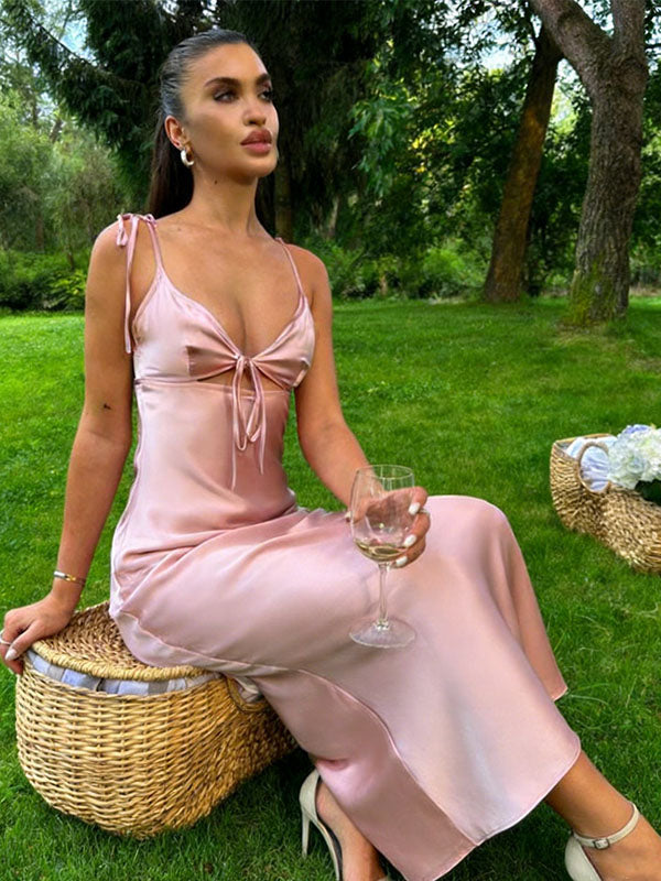 Elegant Pink Satin Slip Prom Dress Sexy Cut-Out Front Tie Midi Length Cocktail Gown,OLP1826